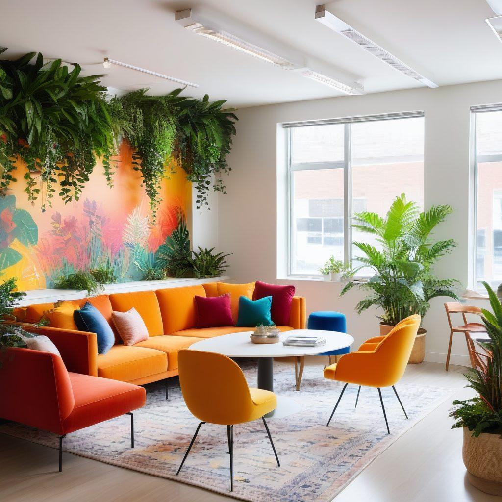 An inviting office space filled with vibrant plants and natural light, showcasing diverse employees collaborating joyfully around a large, colorful table. Include elements of relaxation like cozy seating nooks and art on the walls that symbolize harmony and creativity. The atmosphere should radiate positivity and energy, emphasizing well-being and teamwork. super-realistic. vibrant colors. white background.