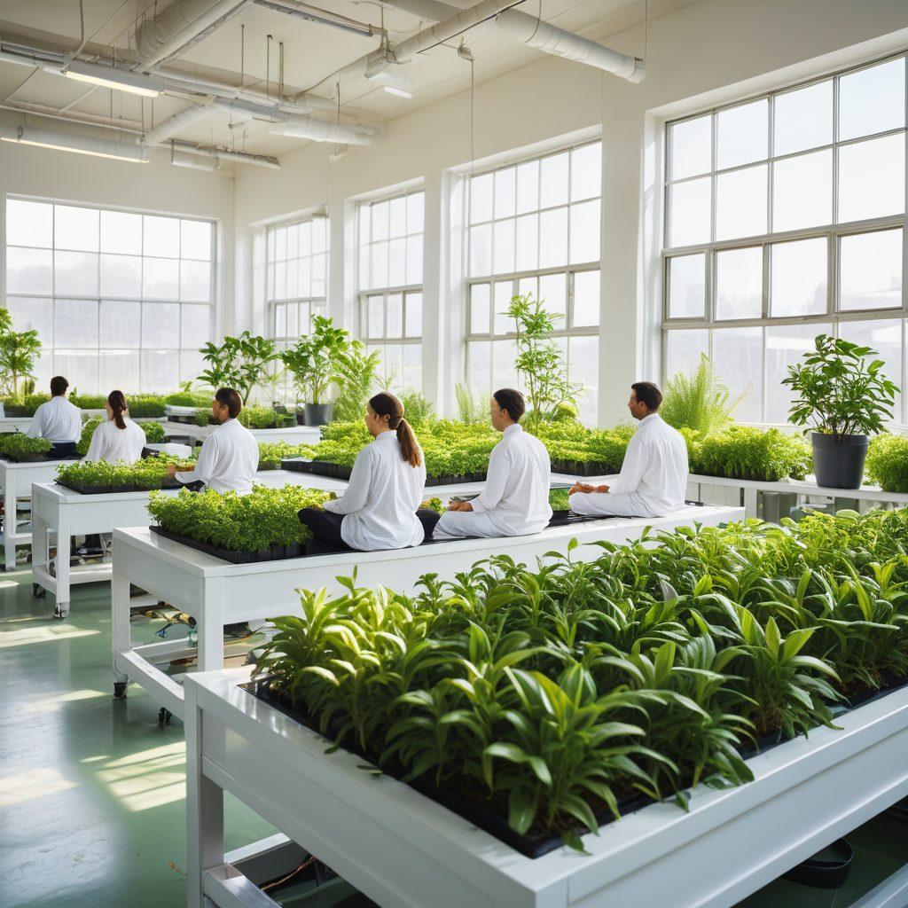 A serene manufacturing environment illustrating happy workers engaging in soft meditation practices amidst machines, bright plants symbolizing growth, and a supportive team atmosphere. The composition should include uplifting visuals like sunshine filtering through windows, and workers collaborating harmoniously. Emphasize mental wellness and job satisfaction through warm expressions and vibrant colors. super-realistic. vibrant colors. white background.