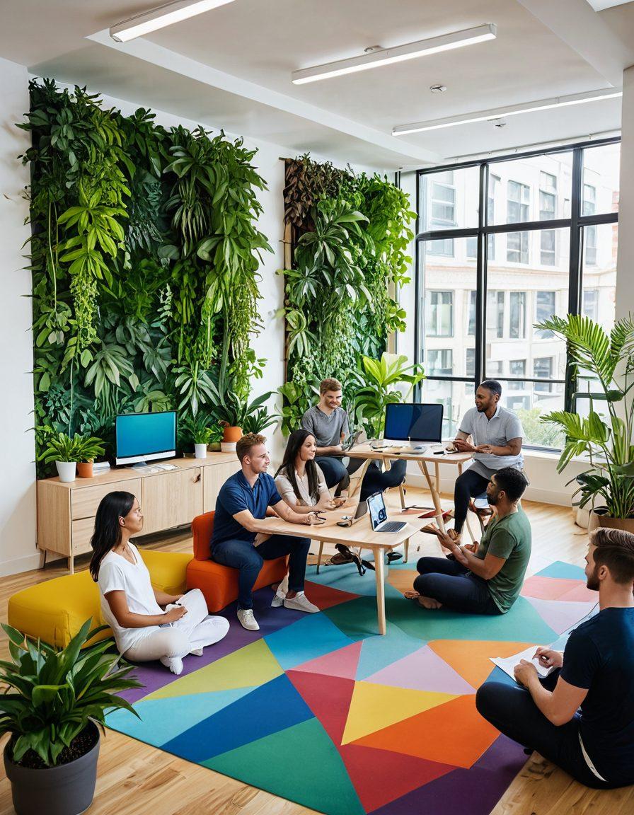 A diverse group of happy employees collaborating in a bright, modern office space surrounded by plants and natural light. Visualize graphs showing rising productivity and well-being metrics in the background. Depict elements representing mental health, such as mindfulness practices and team-building activities. Emphasize vibrant colors and a positive atmosphere. super-realistic. vibrant colors. modern design.